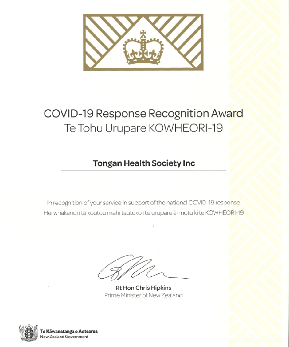 Covid-19 Response Recognition award for Tongan Health Society Inc